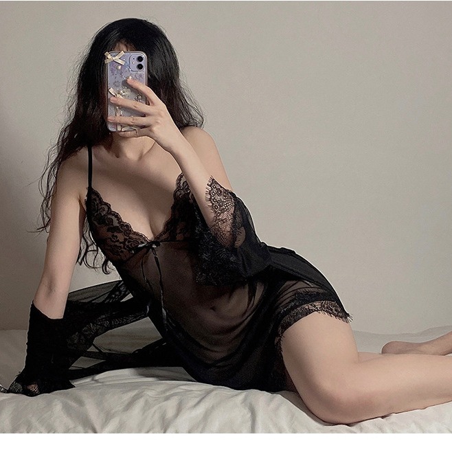 現貨□透膚顯白□謬思女神法式薄紗三件式睡衣(送丁字褲) 三色可選 透膚睡裙套裝 蕾絲睡裙-細節圖9