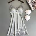 現貨□氣質灰緞面□性感深V刺繡花邊睡裙 附可拆卸胸墊 舒適好眠款 性感睡衣 細肩帶連身裙-規格圖8