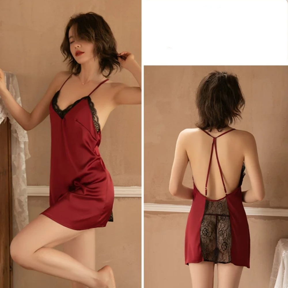 現貨□冰絲大露背□冰絲誘惑美背睡裙 (送丁字褲) 性感睡衣 蕾絲睡衣 二色可選-細節圖9