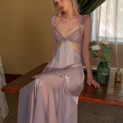 現貨□維納斯法式扭結長裙□ 深邃誘人蕾絲 緞面睡裙 長洋裝睡裙 香芋紫