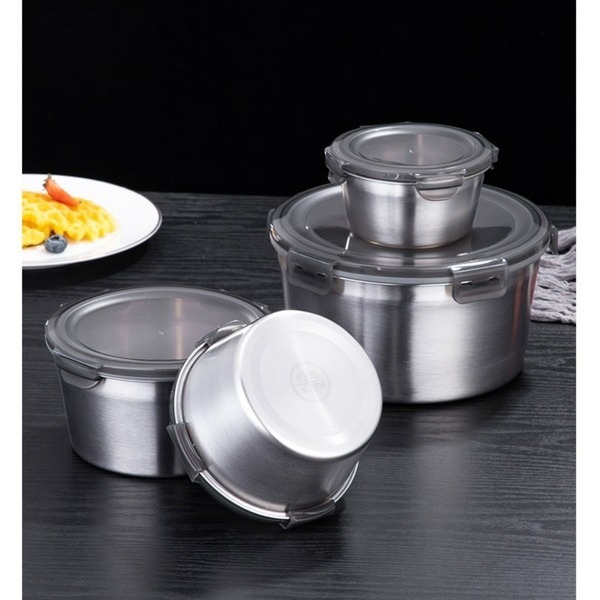 不鏽鋼保鮮盒四件套 便當碗冰箱收納 餐飯盒 樂扣密封罐 食品級保鮮飯盒 不銹鋼保鮮盒-細節圖3