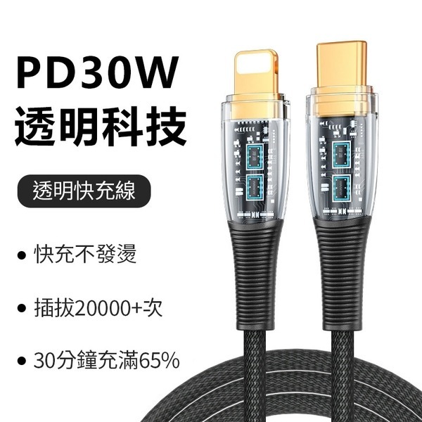 2米 PD透明充電線 PD傳輸線 快充線 數據線100w 30w typec線適用 蘋果安卓爆款充電線-細節圖2