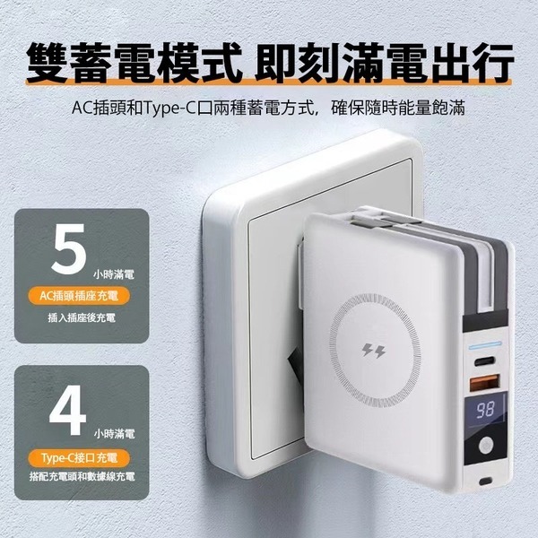 新款磁吸 方型四合一QI無線充自帶插頭自帶線行動電源 10000mAh Qi快充 磁吸無線充電行動電源 磁吸-細節圖2