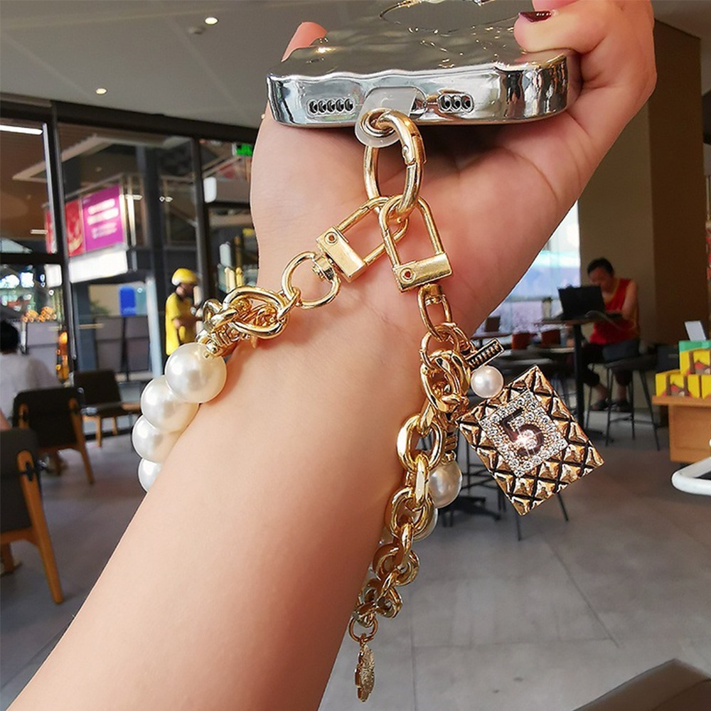 珍珠雙鏈手機掛繩 手工手腕掛繩 短版輕奢時尚ins手腕手機掛鏈 串珠鏈 手腕 鑰匙圈 編織手腕帶 包包吊飾-細節圖2