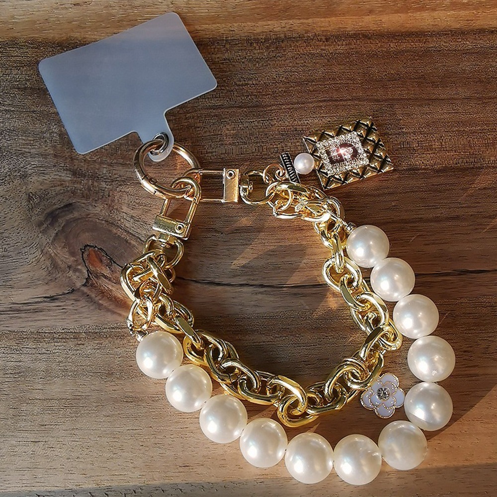 珍珠雙鏈手機掛繩 手工手腕掛繩 短版輕奢時尚ins手腕手機掛鏈 串珠鏈 手腕 鑰匙圈 編織手腕帶 包包吊飾-細節圖3