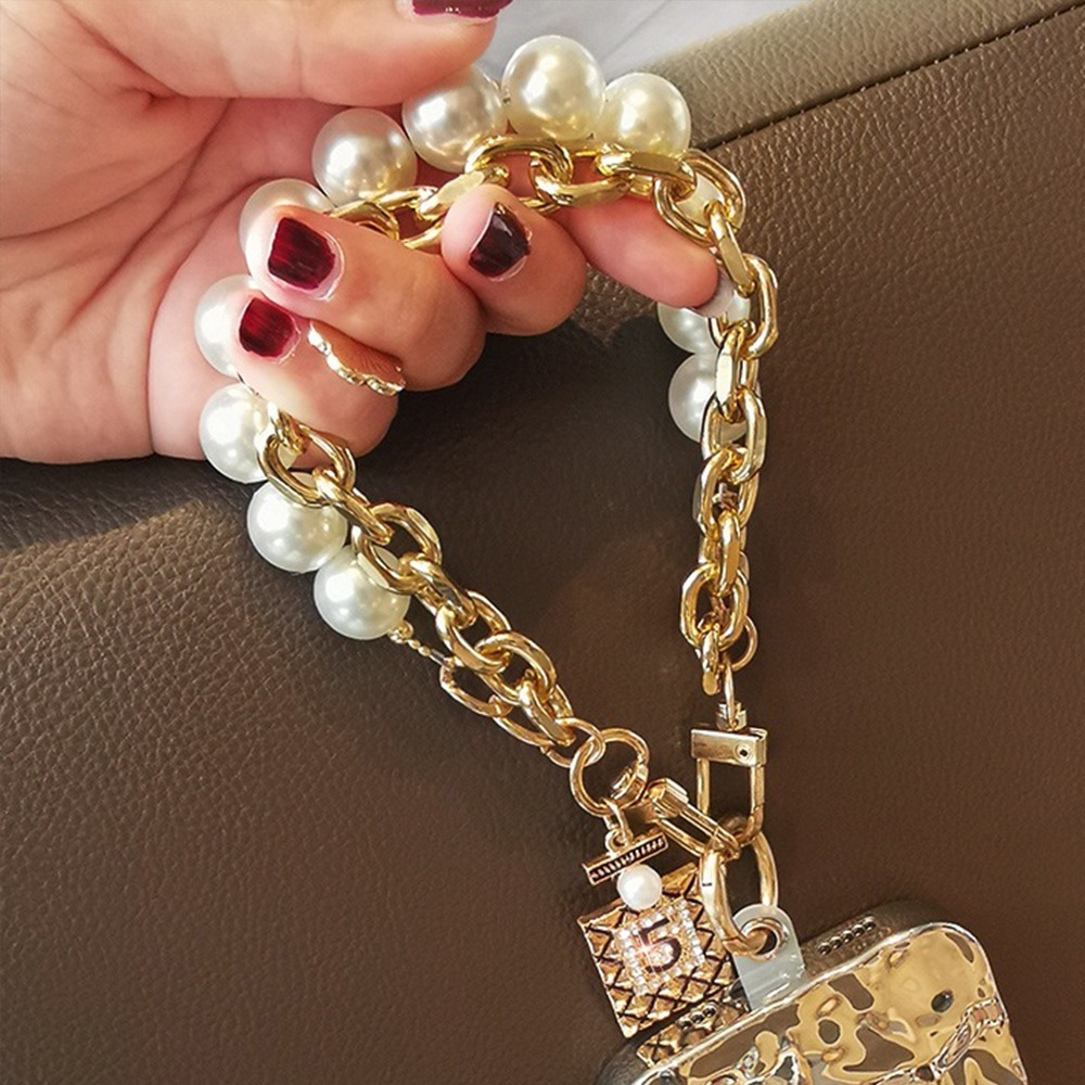 珍珠雙鏈手機掛繩 手工手腕掛繩 短版輕奢時尚ins手腕手機掛鏈 串珠鏈 手腕 鑰匙圈 編織手腕帶 包包吊飾-細節圖4