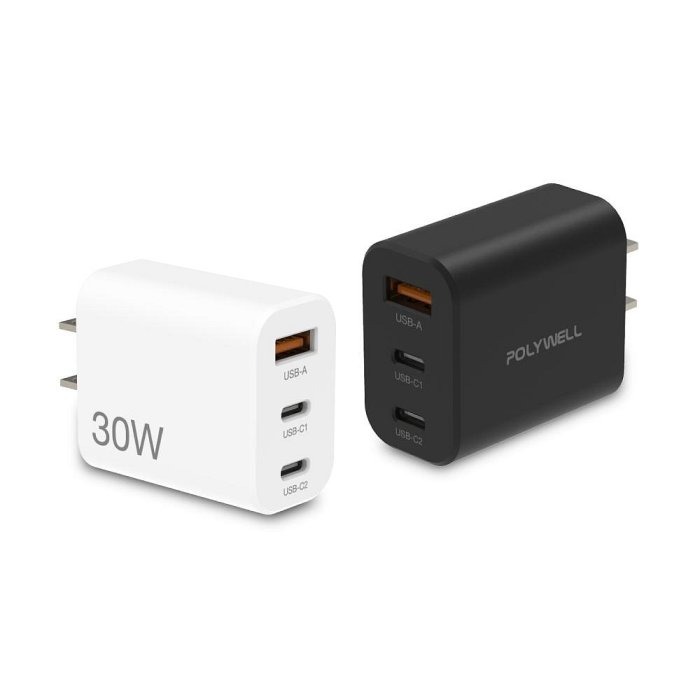 POLYWELL 30W三孔PD快充頭 雙USB-C+USB-A充電器 GaN氮化鎵 BSMI認證 寶利威爾 台灣現貨-細節圖2