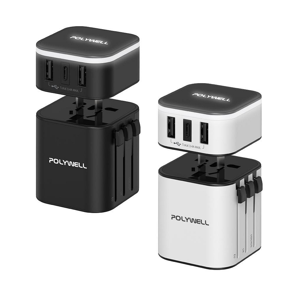 POLYWELL 萬用旅行充電器 多國轉接頭 二合一 Type-C+雙USB-A充電器 BSMI認證 寶利威爾台灣現貨-細節圖2