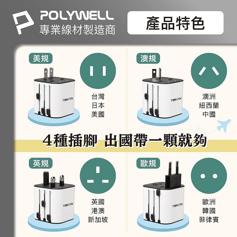 POLYWELL 萬用旅行充電器 多國轉接頭 二合一 Type-C+雙USB-A充電器 BSMI認證 寶利威爾台灣現貨-細節圖5