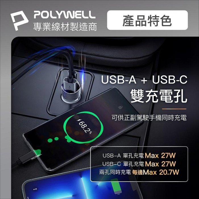 POLYWELL USB+Type-C 27W車用充電器 PD快充 電瓶電量顯示 BSMI認證 台灣現貨-細節圖8