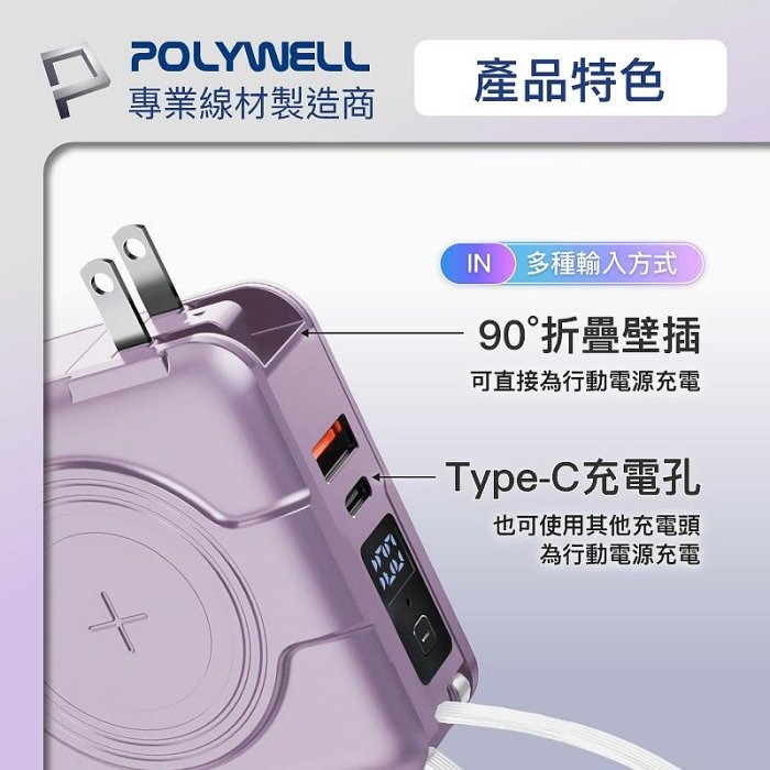台灣現貨 POLYWELL 全方位行動電源 自帶插頭 無線充 無線磁吸 超級快充   Type-C  寶利威爾-細節圖9