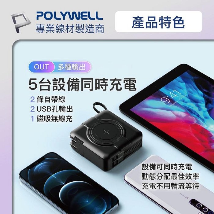 台灣現貨 POLYWELL 全方位行動電源 自帶插頭 無線充 無線磁吸 超級快充   Type-C  寶利威爾-細節圖11