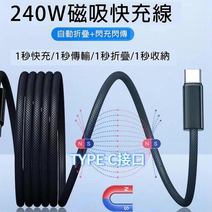 新款磁收線 磁吸收納線 240W 雙TC充電線 充電編織線 雙Typec快充線-細節圖2