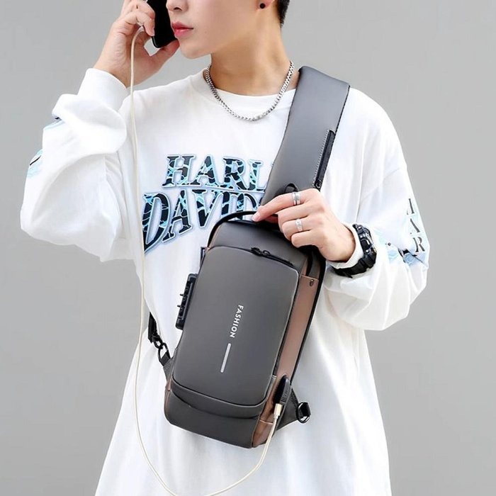 YOGEMDI 防盜斜背機車包 密碼防盜包 男士包 肩背包 運動腰包 附USB充電孔-細節圖10