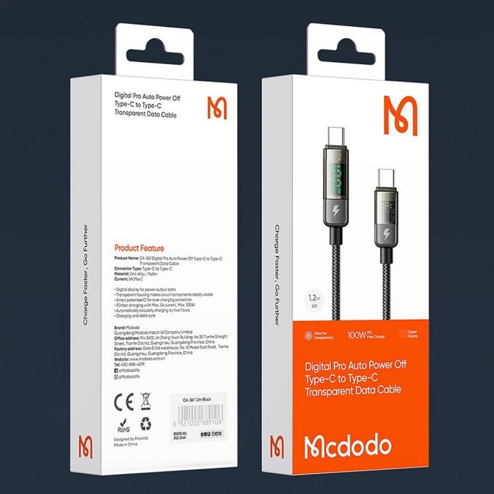 Mcdodo充電線 影藍系列 100W數據線 雙Type-C 傳輸線 LED 數顯充電線-細節圖8