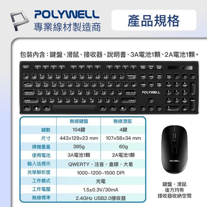 POLYWELL 無線鍵盤滑鼠組 2.4Ghz 靜音鍵盤 4鍵滑鼠 可調式光學DPI 省電自動休眠 寶利威爾 台灣現貨-細節圖9