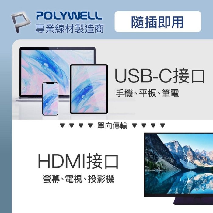 POLYWELL Type-C轉HDMI 4K 影音傳輸線 2米 轉接線 鋁合金 帶編織 寶利威爾 台灣現貨-細節圖6