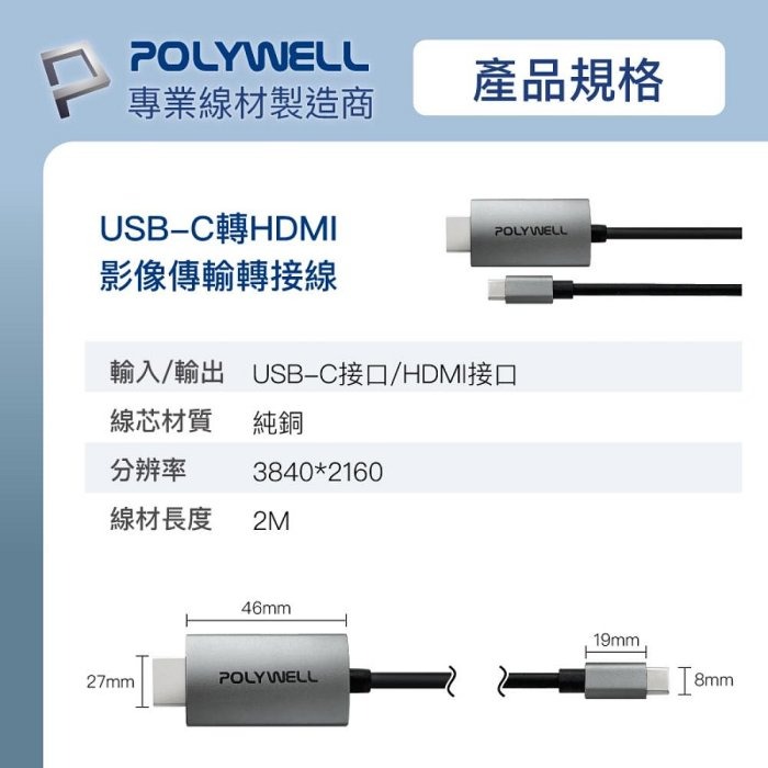 POLYWELL Type-C轉HDMI 4K 影音傳輸線 2米 轉接線 鋁合金 帶編織 寶利威爾 台灣現貨-細節圖9