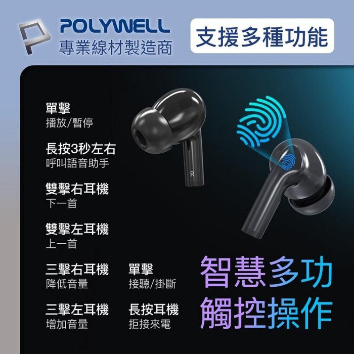 POLYWELL 無線藍牙主動式降噪耳機 高質感音效 耳機觸控式操作 USB-C充電倉設計 寶利威爾 台灣現貨-細節圖8