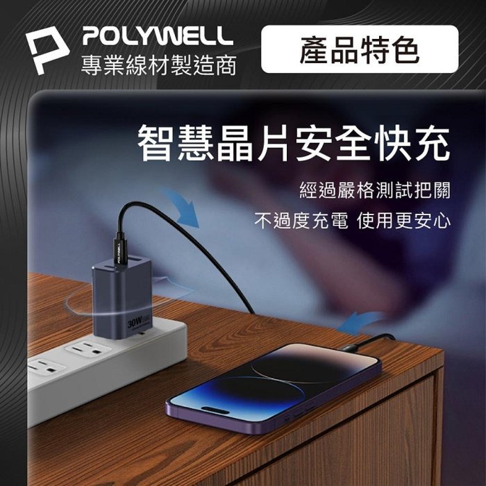 POLYWELL 30W三孔PD快充頭 雙Type-C+USB 槍灰色 GaN氮化鎵 BSMI認證 寶利威爾 台灣現貨-細節圖8