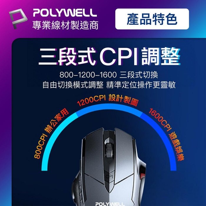 POLYWELL 無線電競滑鼠 2.4Ghz 6鍵滑鼠 USB充電 可調式光學CPI 省電自動休眠 寶利威爾 台灣現貨-細節圖9