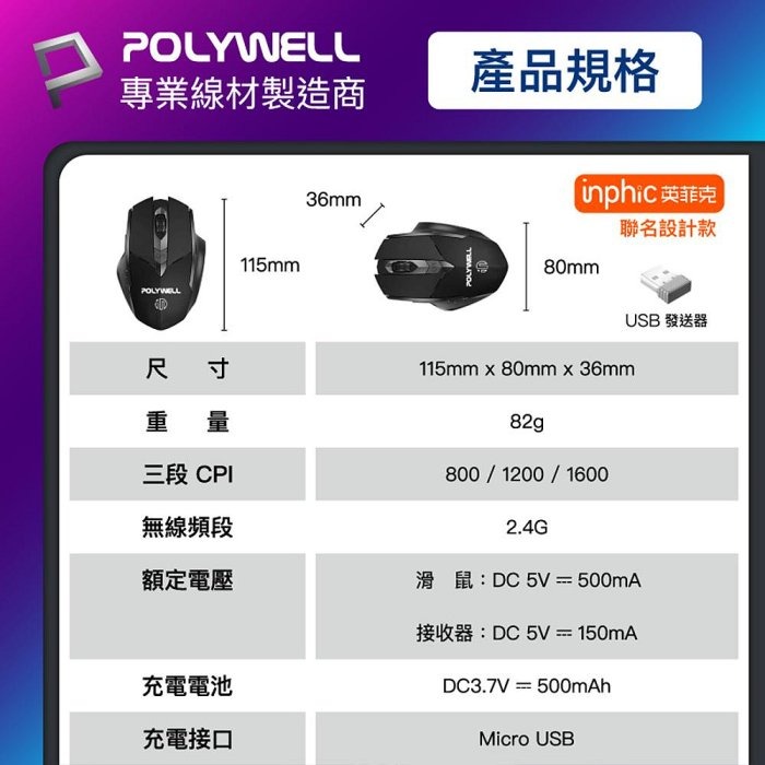 POLYWELL 無線電競滑鼠 2.4Ghz 6鍵滑鼠 USB充電 可調式光學CPI 省電自動休眠 寶利威爾 台灣現貨-細節圖10