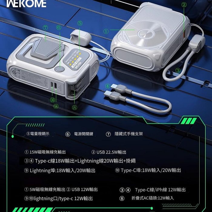 WEKOME 戰甲系列 無線充電磁吸行動電源 自帶線 10000MAH 22.5W 手機支架-細節圖2