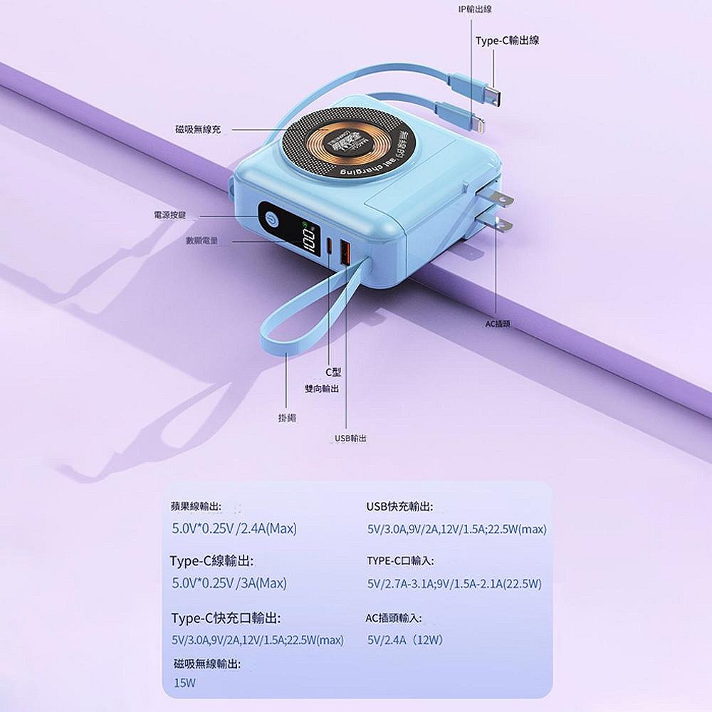 變形三合一 15000mah無線充行動電源 PD22.5W AC插頭Magsafe 全方位 插頭行動電源-細節圖10