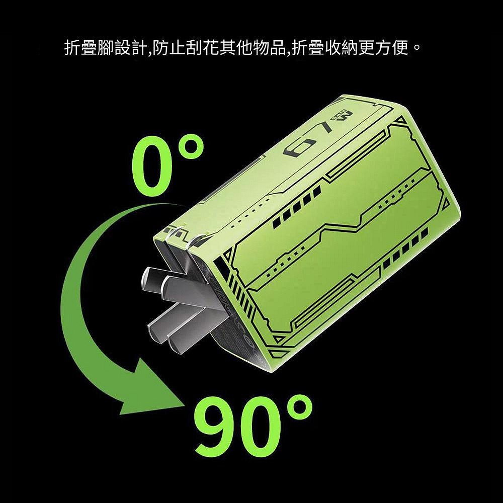 倍魔 機甲綠65W 氮化鎵充電器 三孔充電頭 超快充 多孔PD極速充電頭 折疊式-細節圖6