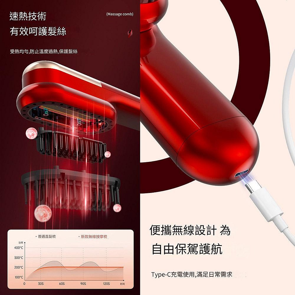 紅光震動按摩直髮梳 直捲兩用 捲髮棒 頭皮SPA 無線直髮梳 負離子直髮梳 離子夾 離子梳蓬鬆變直髮-細節圖9