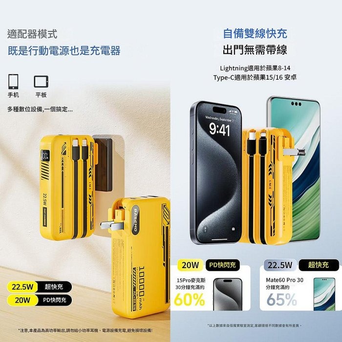 倍魔 22.5W 三合一行動電源 插頭行動電 自帶雙線 TYPEC/蘋果16快充-細節圖5