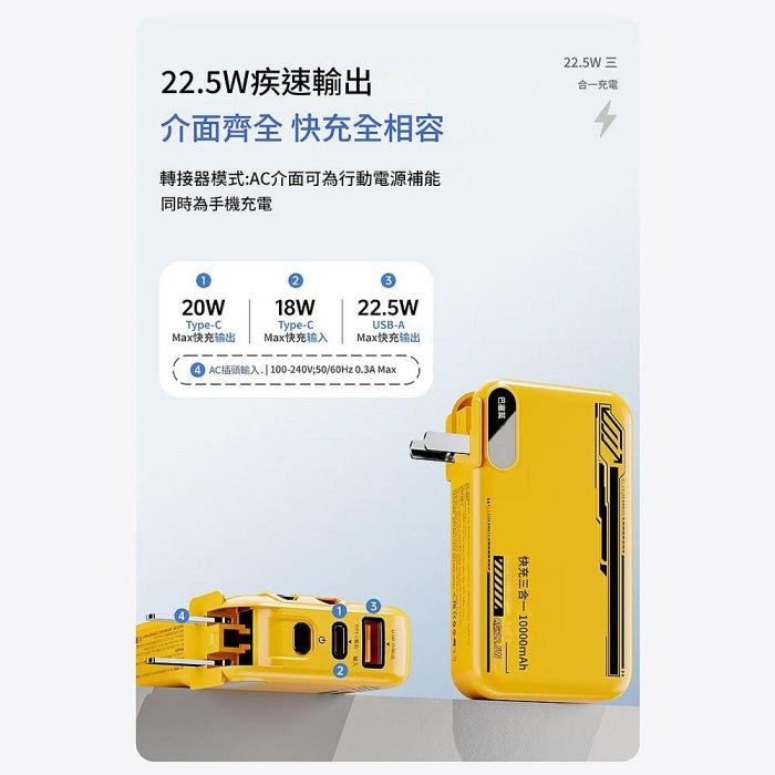 倍魔 22.5W 三合一行動電源 插頭行動電 自帶雙線 TYPEC/蘋果16快充-細節圖7