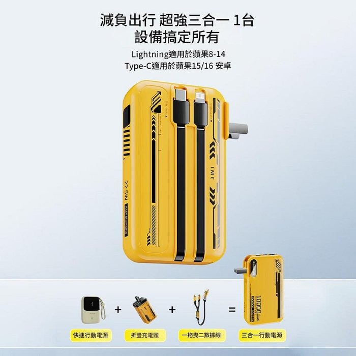 倍魔 22.5W 三合一行動電源 插頭行動電 自帶雙線 TYPEC/蘋果16快充-細節圖8