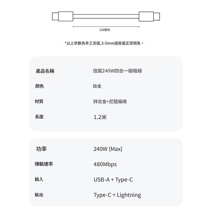 倍魔二拖二 磁吸數據線 240W 適用IPHONE 16 三星 四合一快充線 磁吸收納-細節圖8