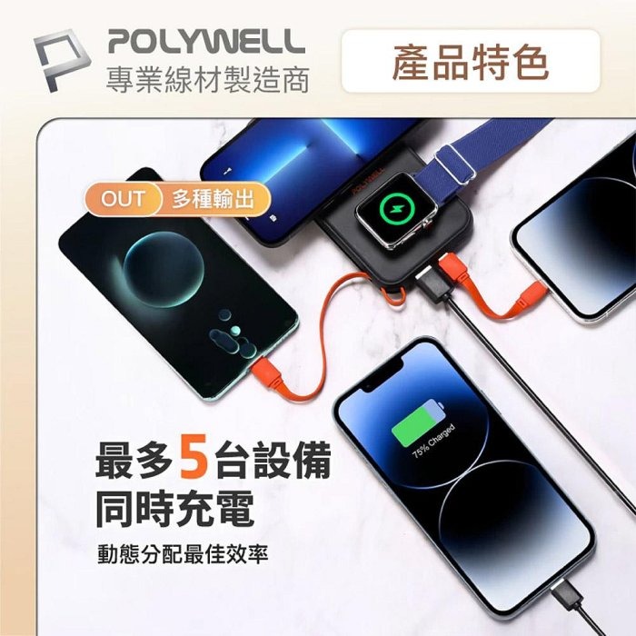 POLYWELL 多合一磁吸無線充行動電源 1萬mAh 手機手錶 自帶線USB Type-C 蘋果頭 寶利威爾 台灣現-細節圖6