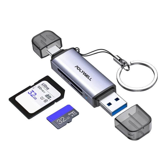 POLYWELL USB3.1 SD/microSD高速讀卡機 USB-A Type-C雙插頭附掛繩 寶利威爾 台灣現貨-規格圖11