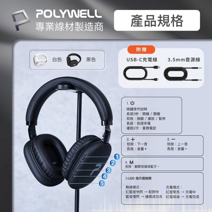 POLYWELL 全罩式藍牙耳機TM-087 超長續航耳罩耳機 高音質 內建麥克風 Type-C充電 可折疊 寶利威爾-規格圖9