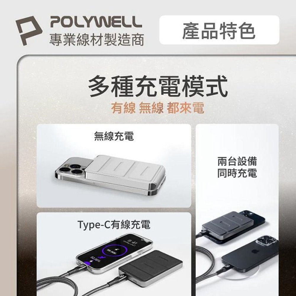 POLYWELL 磁吸式行動電源 5000mAh 自帶折疊支架 無線充+Type-C充電 迷你行充 寶利威爾 台灣現貨-細節圖5