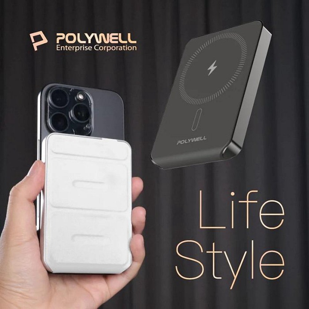 POLYWELL 磁吸式行動電源 5000mAh 自帶折疊支架 無線充+Type-C充電 迷你行充 寶利威爾 台灣現貨-細節圖11