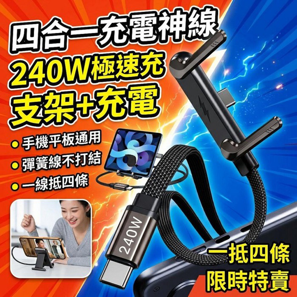 蘋果橘 支架充電一體線 240w高速充電線手機支架 四合一充電線 彈簧充電線 手機通用充電線 傳輸線-細節圖9
