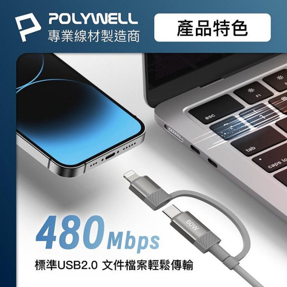 POLYWELL 四合一磁吸收納快充線 USB+C+Lightning 適用iPhone 安卓 平板 寶利威爾 台灣現貨-細節圖6