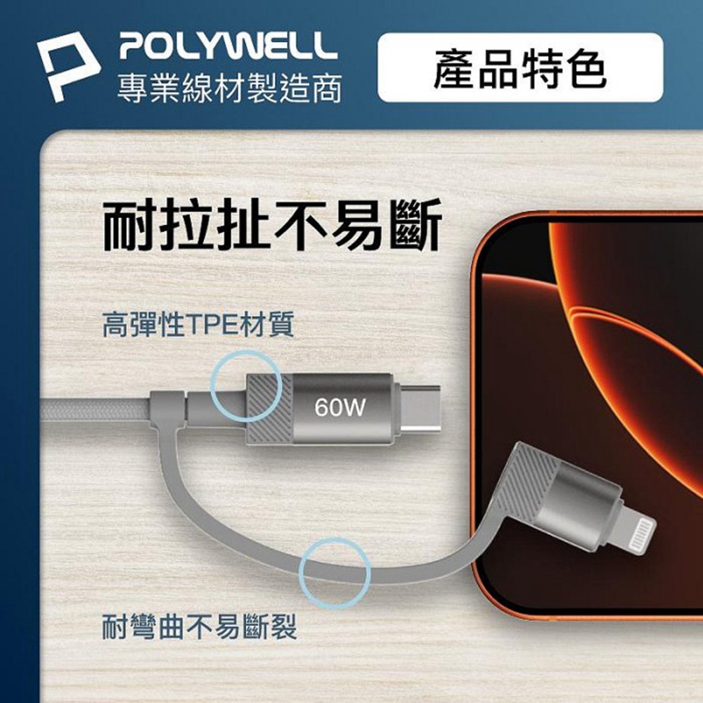 POLYWELL 四合一磁吸收納快充線 USB+C+Lightning 適用iPhone 安卓 平板 寶利威爾 台灣現貨-細節圖7