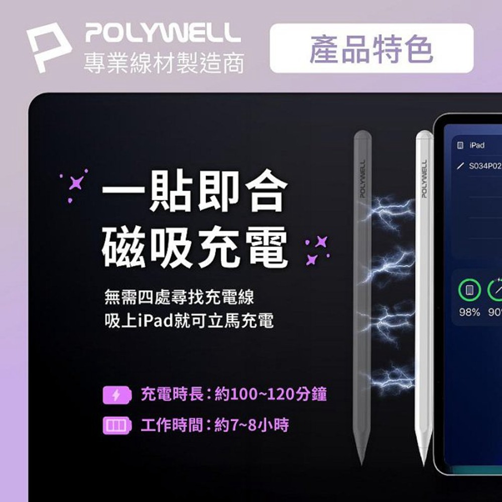 POLYWELL iPad專用觸控筆 磁吸充電款 電容筆 Pencil手寫筆 感壓功能 防誤觸 寶利威爾 台灣現貨-細節圖8