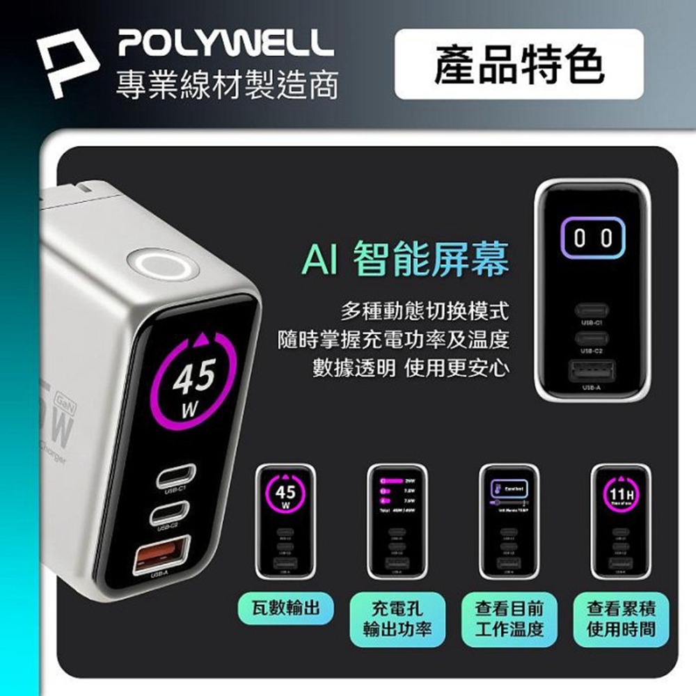 POLYWELL 45W多模數顯電源供應器 雙USB-C孔+1A孔 GaN 型號S014P06 寶利威爾 台灣現貨-細節圖5