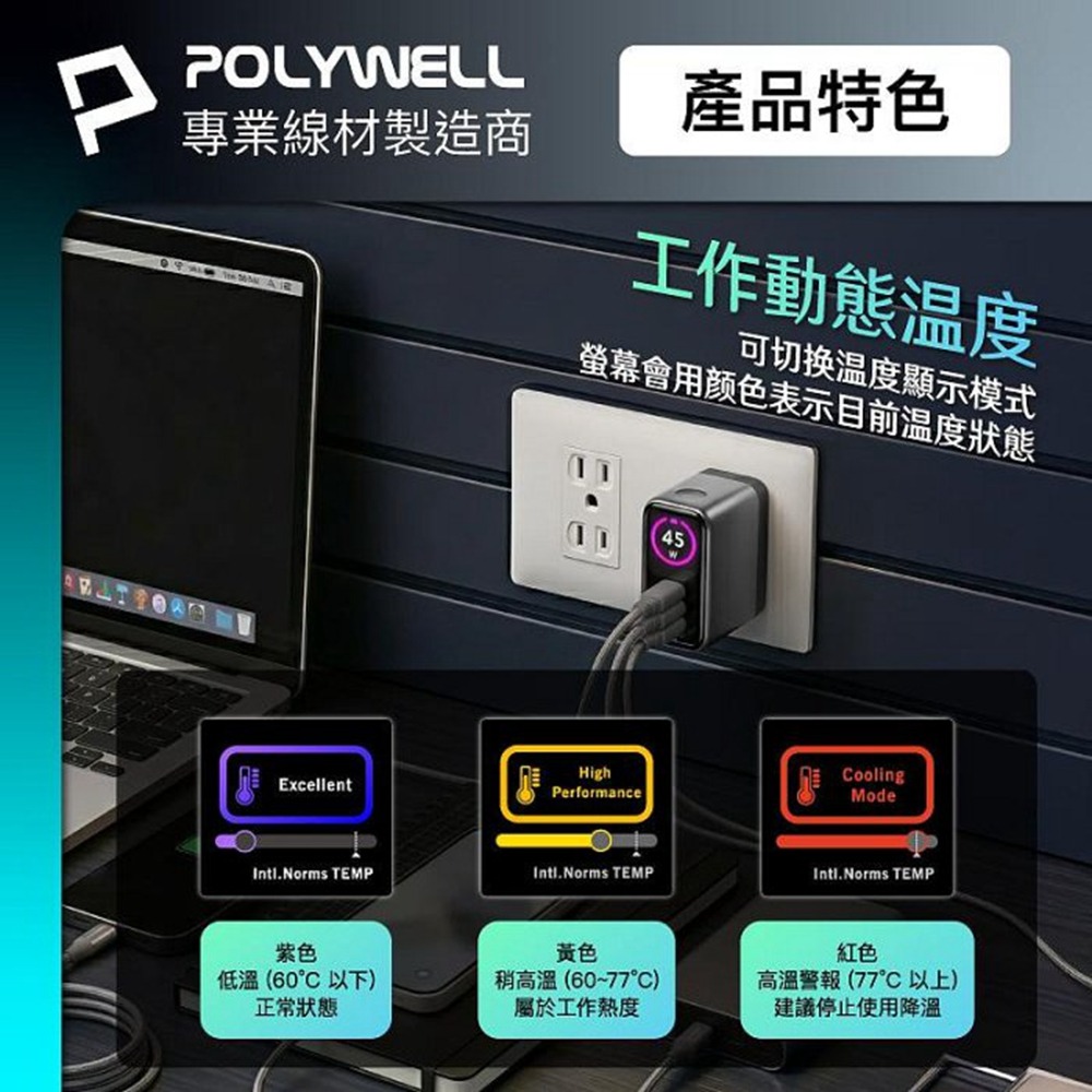 POLYWELL 45W多模數顯電源供應器 雙USB-C孔+1A孔 GaN 型號S014P06 寶利威爾 台灣現貨-細節圖6