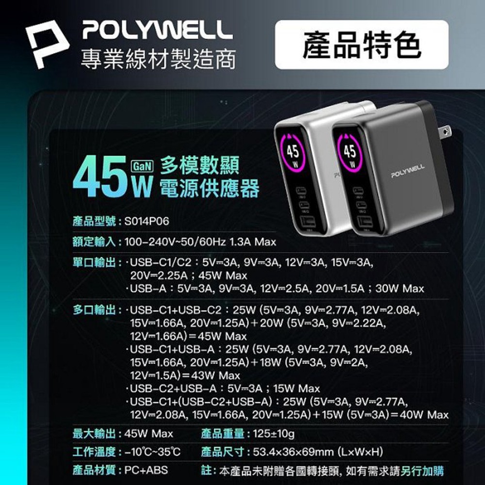 POLYWELL 45W多模數顯電源供應器 雙USB-C孔+1A孔 GaN 型號S014P06 寶利威爾 台灣現貨-細節圖11