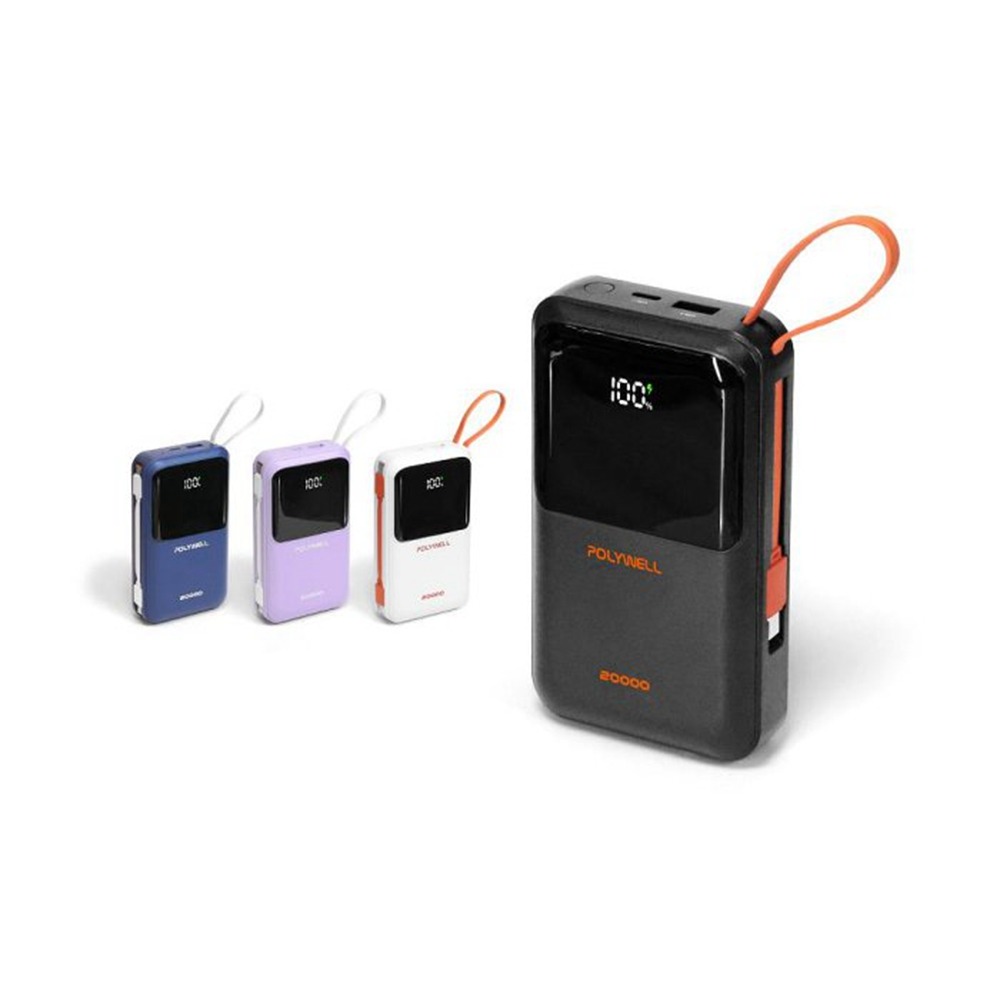POLYWELL 自帶線行動電源 20000毫安 Type-C/蘋果線 USB/Type-C孔 數顯 寶利威爾 台灣現貨-細節圖2