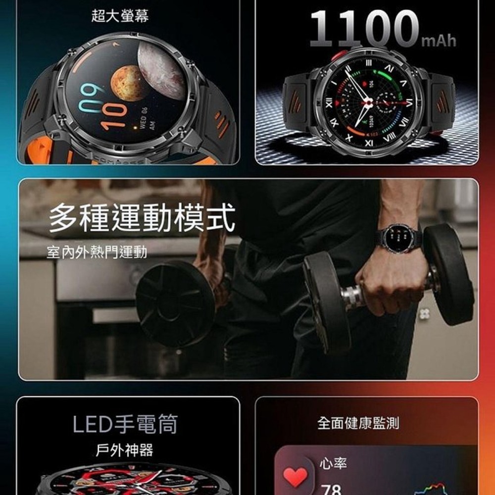 【MIVSEN】H33 戶外軍規智能手錶 LED手電筒 藍牙通話 指南針 心率血氧監測 運動手錶 智慧手錶 登山 跑步-細節圖4