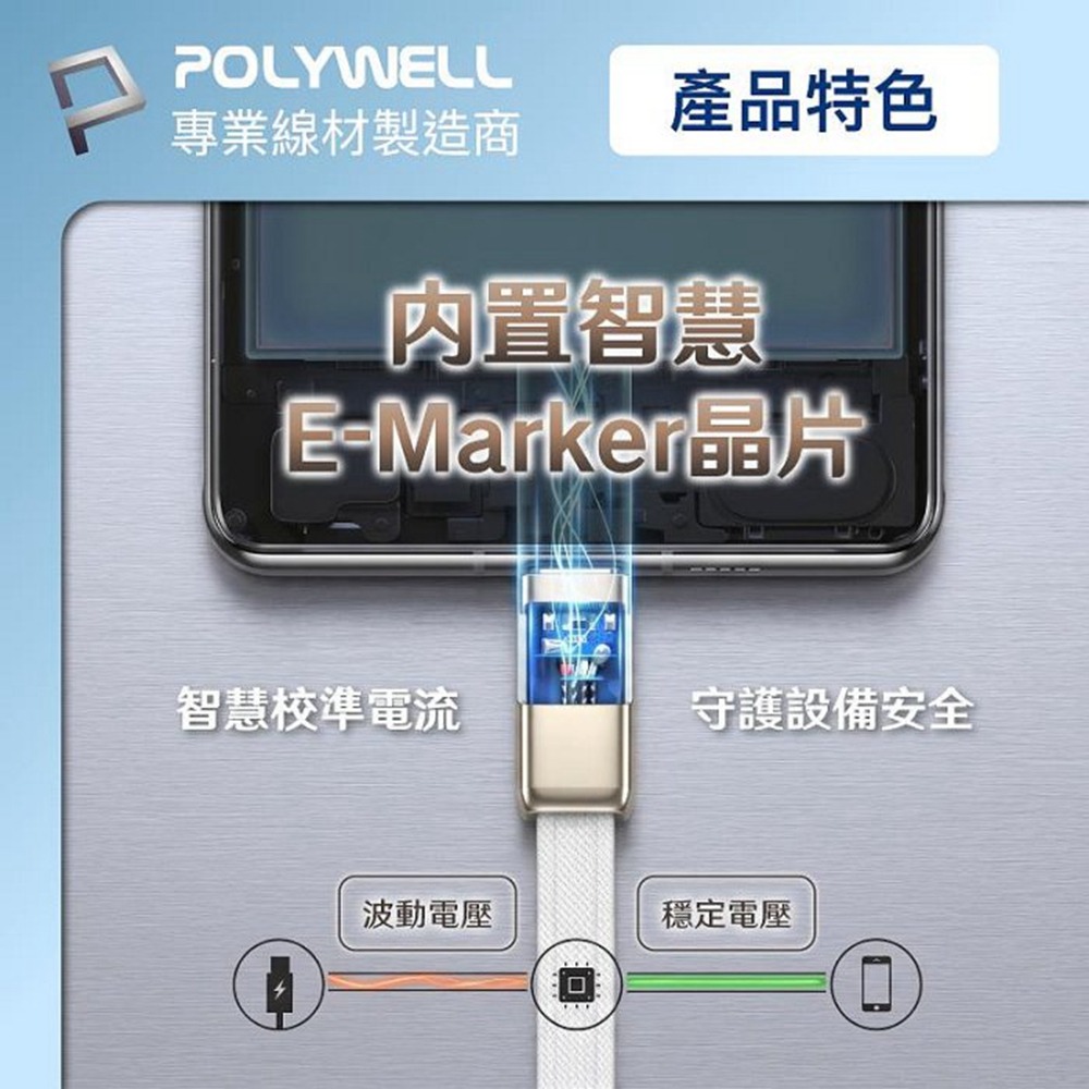 POLYWELL 240W Type-C鋅合金快充扁線 內建E-Marker晶片 可充筆電平板手機 寶利威爾 台灣現貨-細節圖6