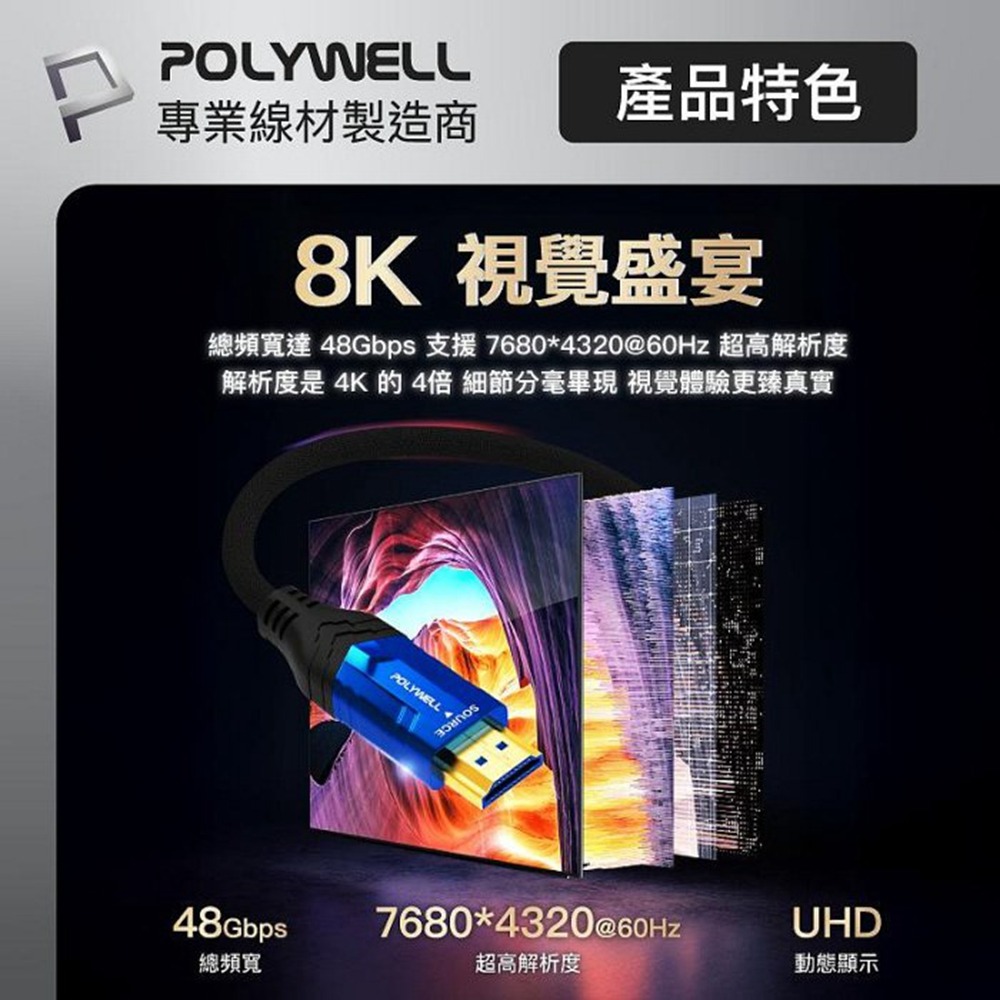 POLYWELL HDMI線 2.1 8K AOC 光纖影音傳輸線 48Gbps頂寬 電競款1～3米 寶利威爾 台灣現貨-細節圖4